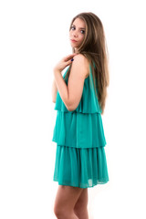 portrait of woman with brown hair on white background