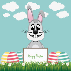 gray bunny behind board colorful eggs