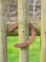 fer à cheval sur barrière en bois