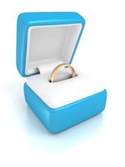 golden wedding ring in a blue jewelry box