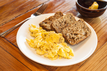 Vegetarian Breakfast of Eggs and Banana Bread