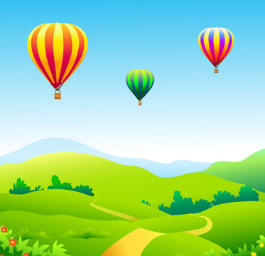 Hot Air Balloons & Green landscape-Vector