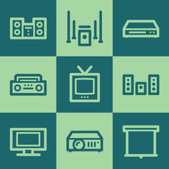 Audio video web icons, green square buttons set