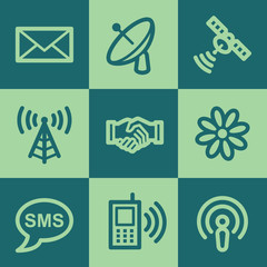 Communication web icons, green square buttons set