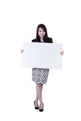 young business woman showing blank signboard
