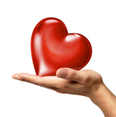 Man's hand holding a heart on palm, viewed from a side.