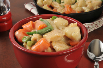 Chicken and dumplings with carrots and green beans