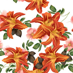 Beautiful seamless vector pattern with detailed  lily flowers
