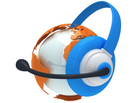 Earth planet globe with headset. 3D render.