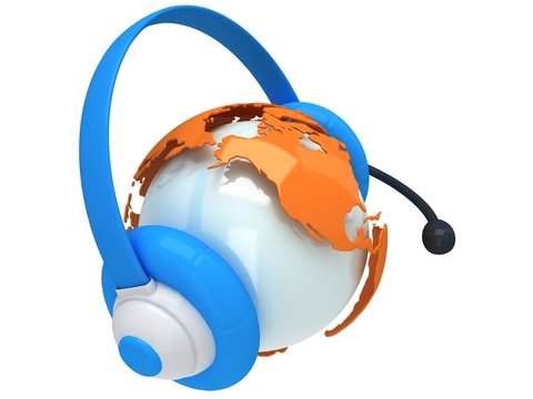 Earth planet globe with headset. 3D render.