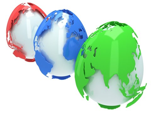 Earth planet globes like eggs. 3D render.
