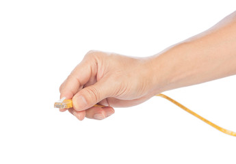 hand hold rj45 jack with yellow cable