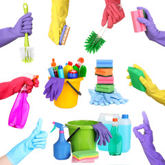 Collage of cleaning equipment  in hands isolated on white