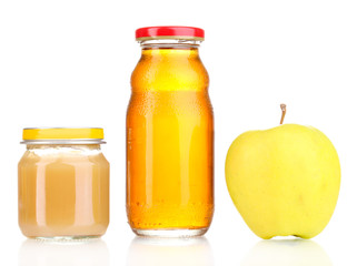 Jar of baby puree and juice with apple isolated on white