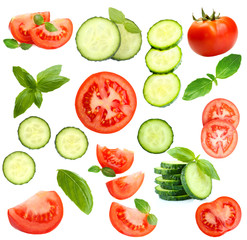 Collage of vegetable slices isolated on white