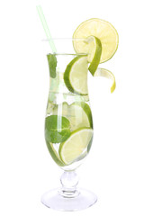 Glass of cocktail with lime and mint isolated on white