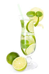 Glass of cocktail with lime and mint isolated on white