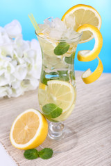 Glass of cocktail with lemon and mint