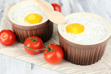 Baked eggs close up