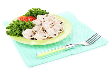 Meat dumplings - russian boiled pelmeni in plate isolated