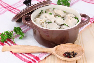 Meat dumplings - russian boiled pelmeni close up