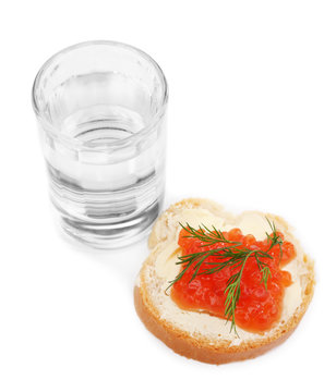Sandwich with caviar and vodka isolated on white