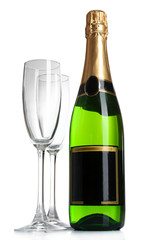 Bottle of champagne and empty glasses, isolated on white