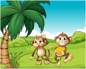 Obraz na płótnie Canvas Happy monkeys at the hill with bananas