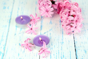 Pink hyacinth with candles on wooden background