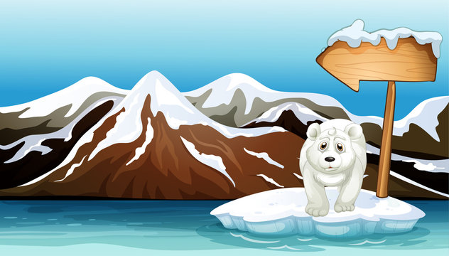 A polar bear above the iceberg with a signboard