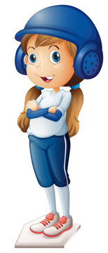 A baseball player in her blue uniform