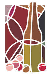 Stylised illustration of a bottle of red wine and grapes