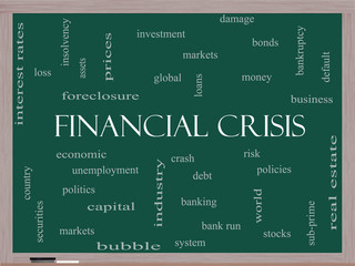 Financial Crisis Word Cloud Concept on a Blackboard