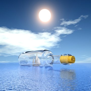 Sailing yacht in the bottle. Concept - protection of travel.