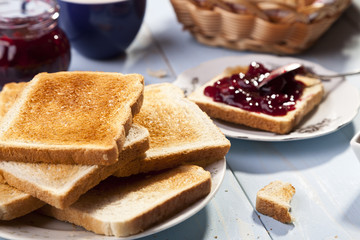 Breakfast with bread toast - obrazy, fototapety, plakaty