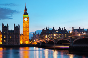 London, the UK. Big Ben and the River Thames at the evening