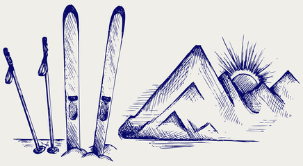 Mountains and ski equipments. Doodle style