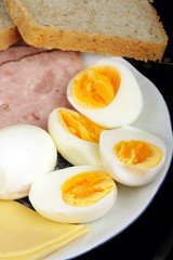 half boiled eggs with ham and cheese