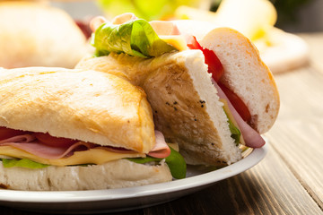 Italian panini sandwich with ham, cheese and tomato