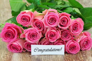 Congratulations card with pink roses bouquet with glitter