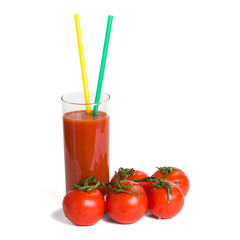 Tomato juice and tomatos, isolated over white background