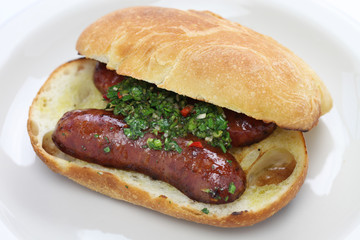 choripan, chorizo hot dog with chimichurri sauce, Argentine food