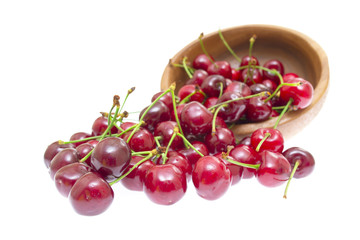 Cherry in Wooden Bowl Isolated on White Background