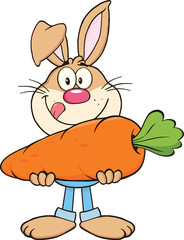 Hungry Rabbit Cartoon Character Holding A Big Carrot
