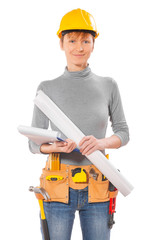 portrait of female wearing working clothes with tools holding bl