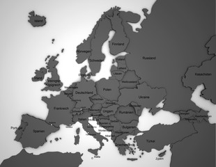 3D Europakarte mit Ländernamen auf deutsch in grau