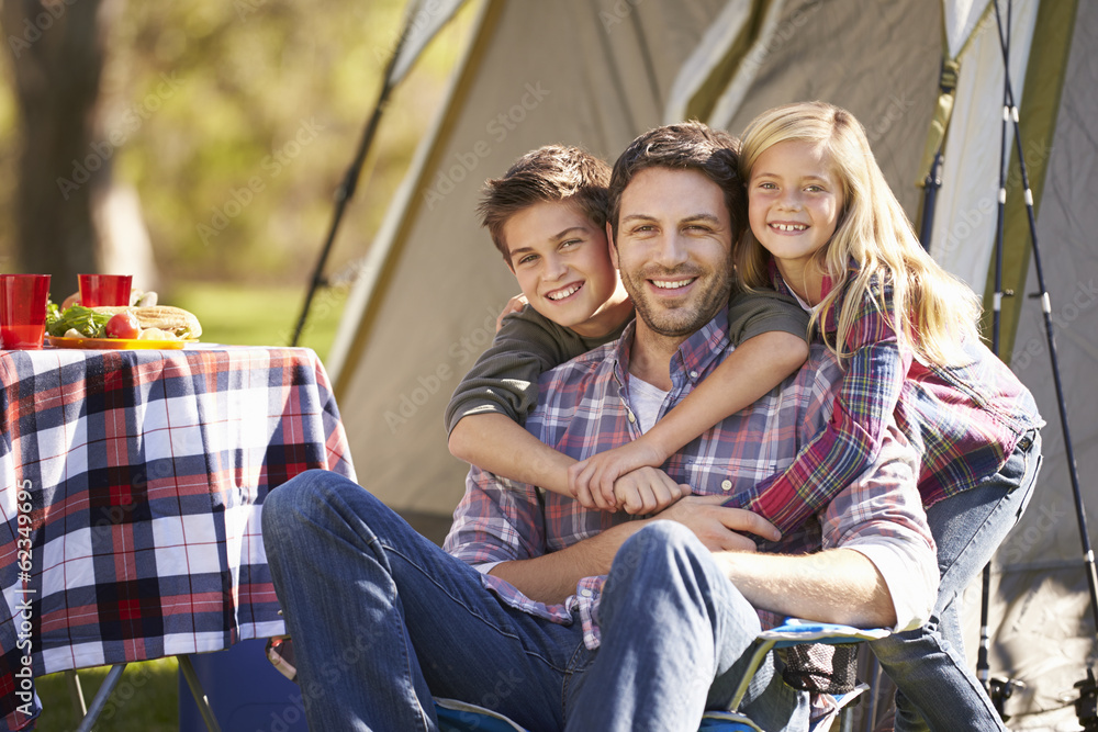 Sticker Father And Children Enjoying Camping Holiday In Countryside