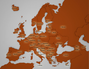 3D Europakarte mit Hauptstädten in orange