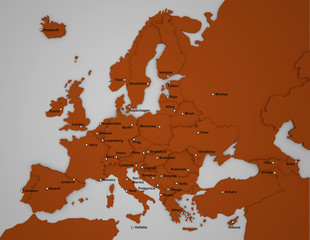 3D Europakarte mit Hauptstädten in orange