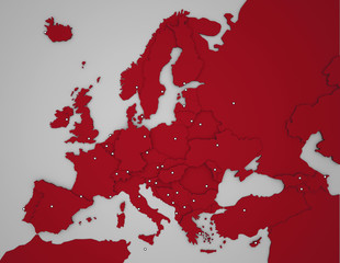 3D Europakarte mit Hauptstädten in rot